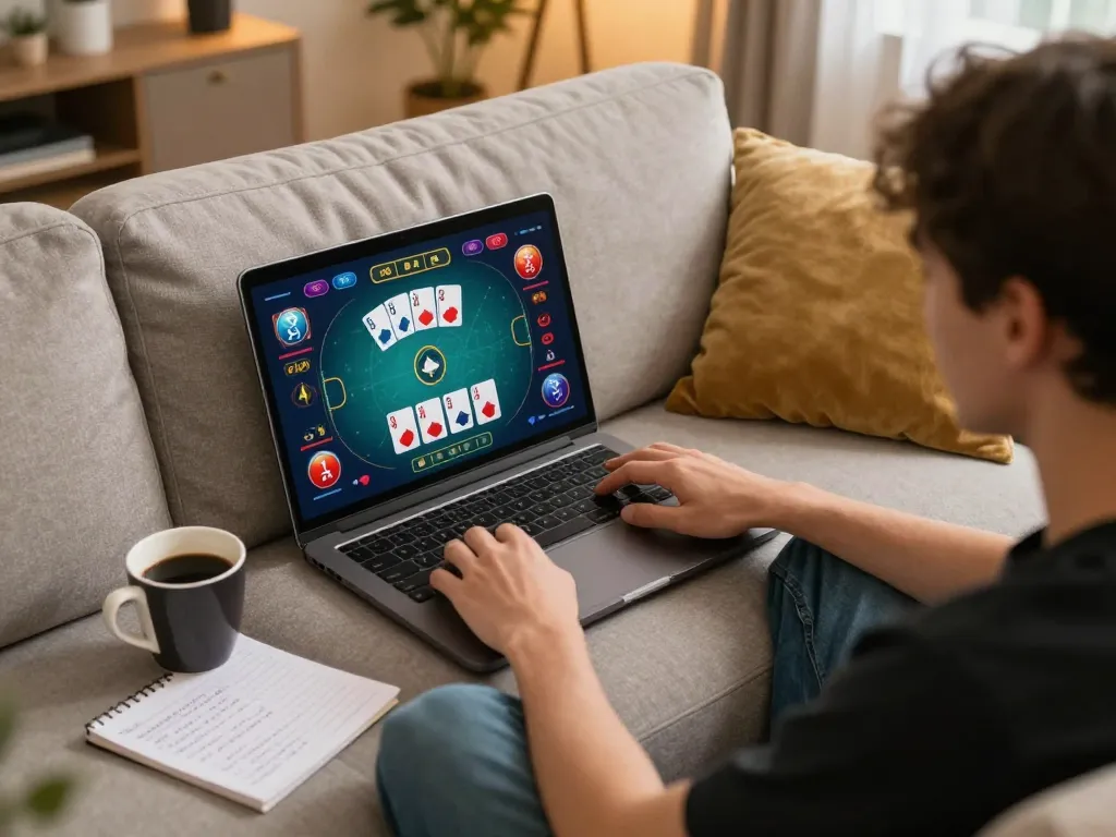 Engaged 9win player analyzing poker strategies in a cozy home gaming setup.