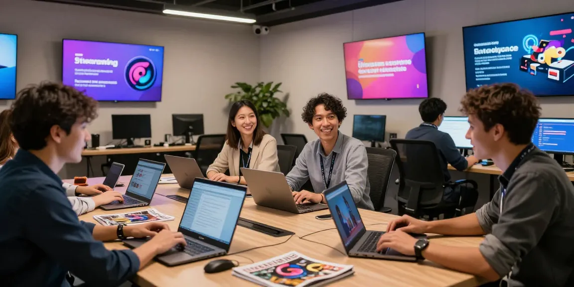 Professional team discussing UK IPTV Provider services in a community-focused office