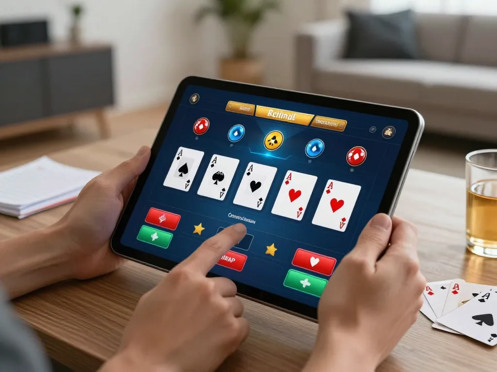 Engaging in online poker gameplay on XX88 platform from home with lively atmosphere