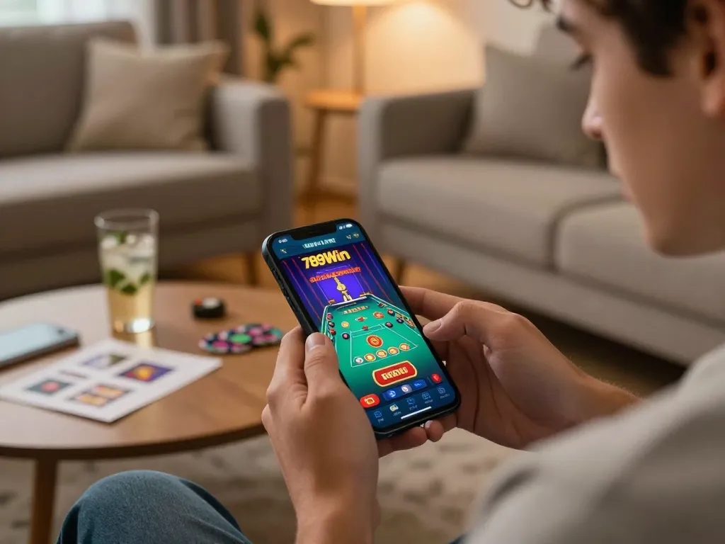 Player placing bets on 789Win casino app in a cozy living room, illustrating engaged online gaming.