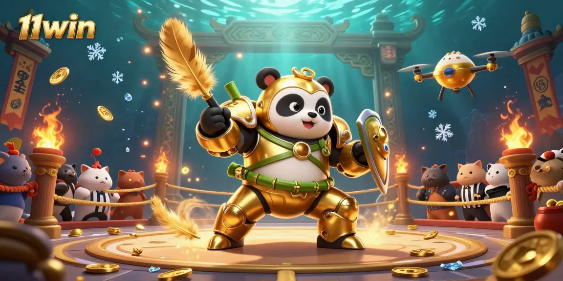 Engage in thrilling action at 11win as the golden panda challenges foes in a vivid 3D casino arena.