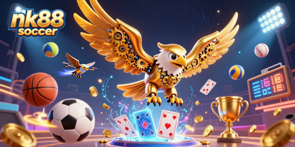 Join the excitement with nk88 soccer as our golden eagle dives through vibrant cards and sports elements.