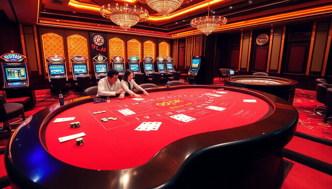 Experience the thrilling action of baccarat and other games at 99ok, featuring vibrant slot machines and poker chips.