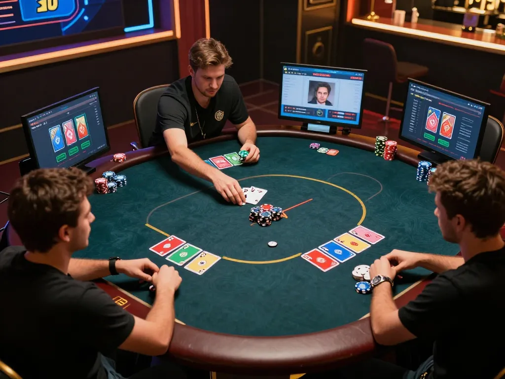 DABET players engaging in an exciting online poker game with a live dealer interface, showcasing strategic decisions.