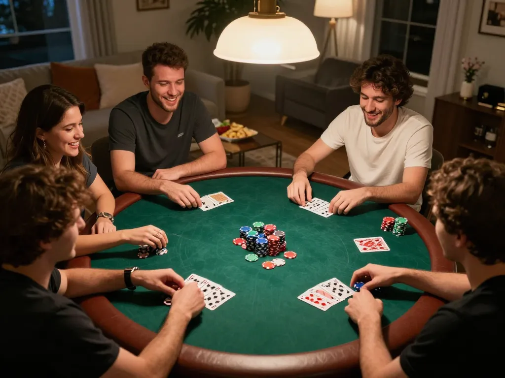 Friends enjoy a lively poker game at home, showcasing strategies and excitement for cm88.