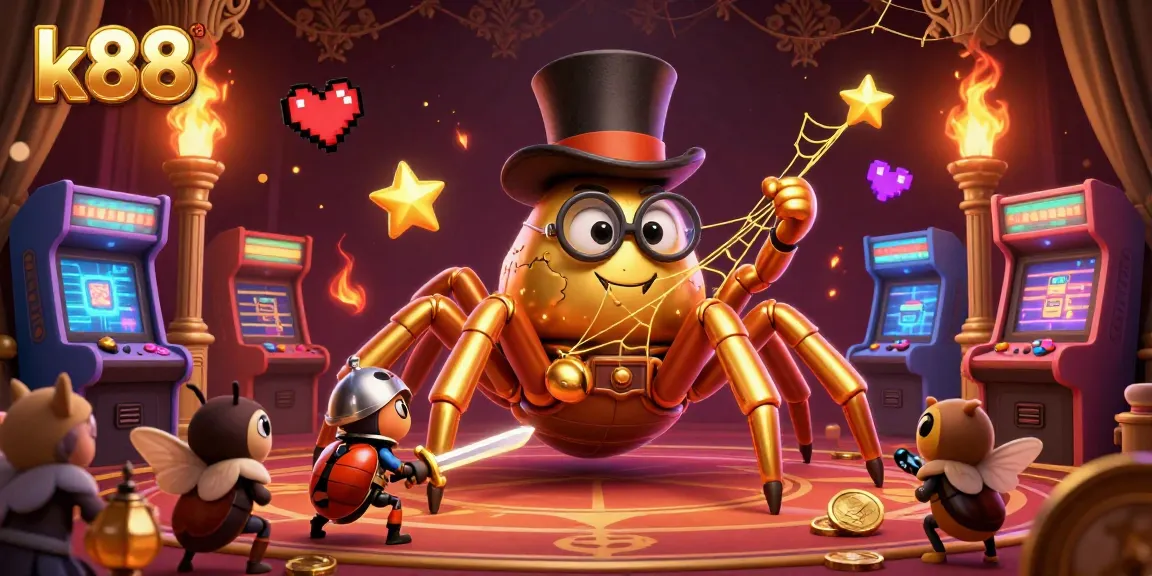 The k88 casino illustration showcases vibrant characters amid colorful game machines, emphasizing a thrilling gaming experience.