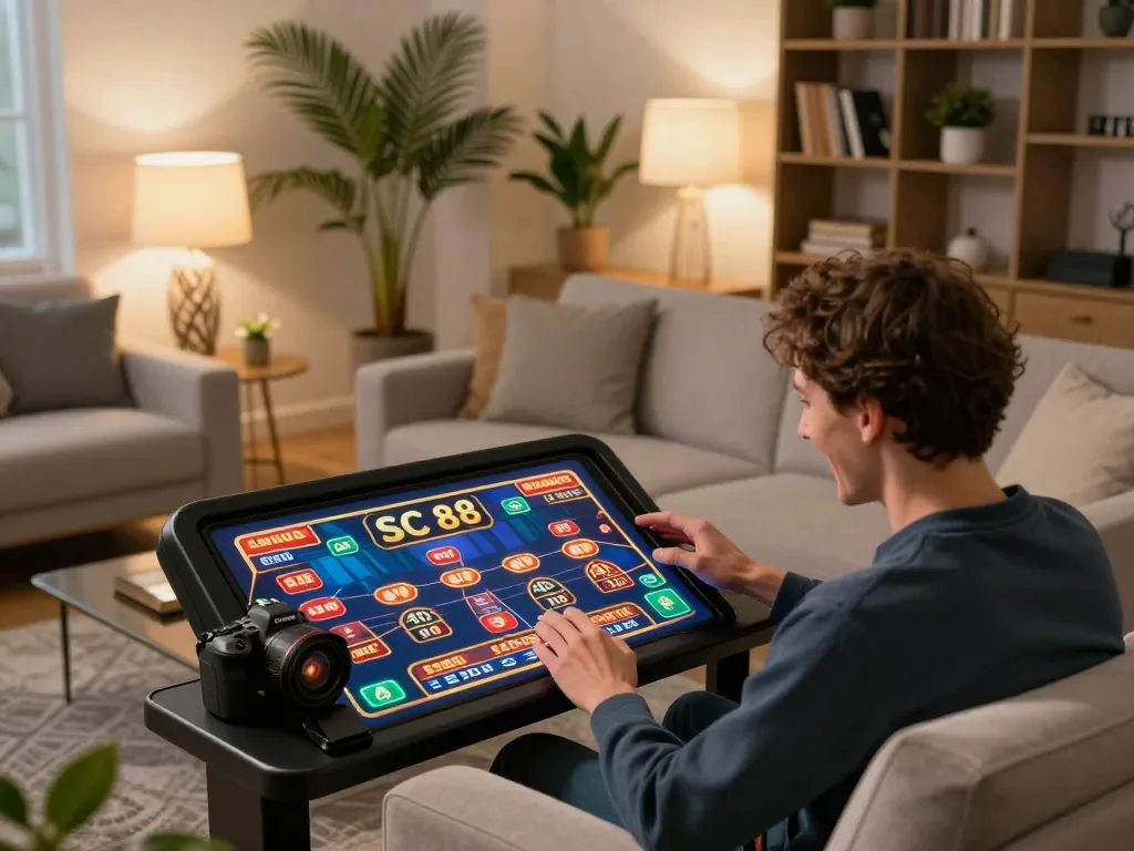 Player engaging in SC 88 online casino games from home, showcasing a modern lifestyle with tablet.