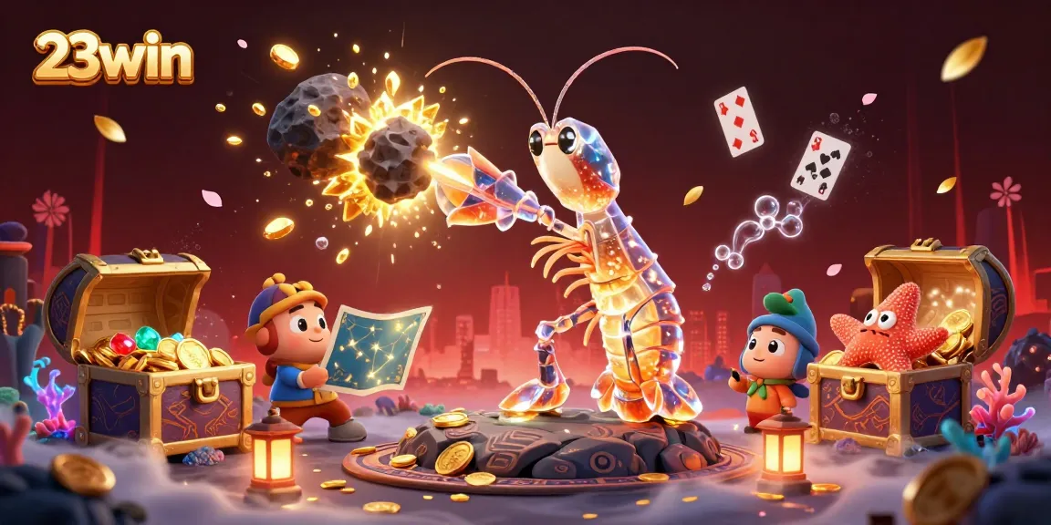 Experience thrilling gameplay with 23win's animated galactic shrimp battling asteroids for treasures.