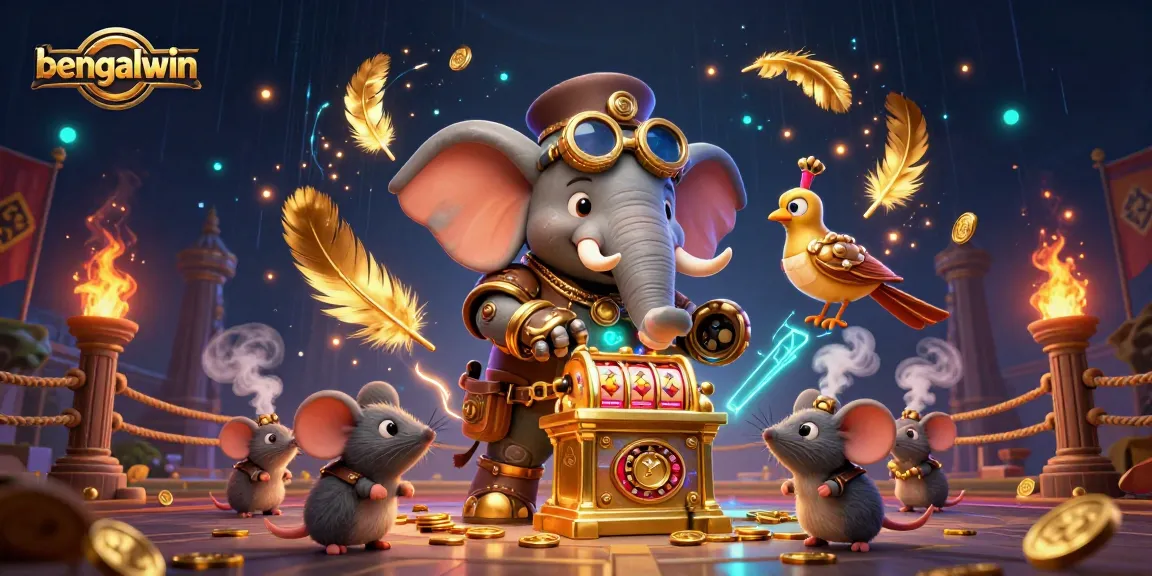 Bengalwin features dynamic 3D steampunk characters operating a golden slot machine in a casino scene.