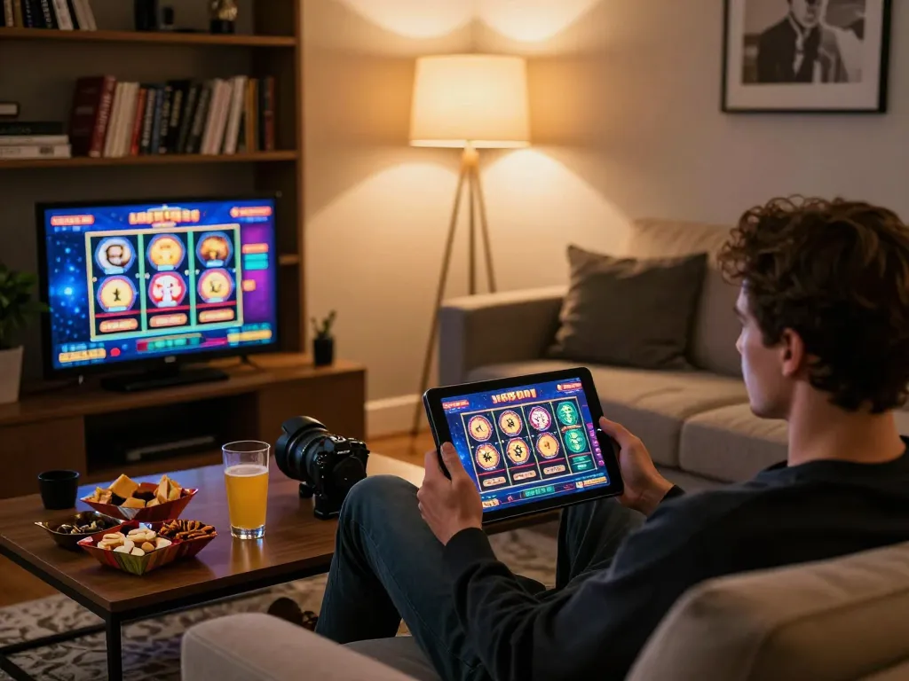 Engaging in online slots at https://123bz.uk.net/ with cozy home setup and vibrant tablet screen.