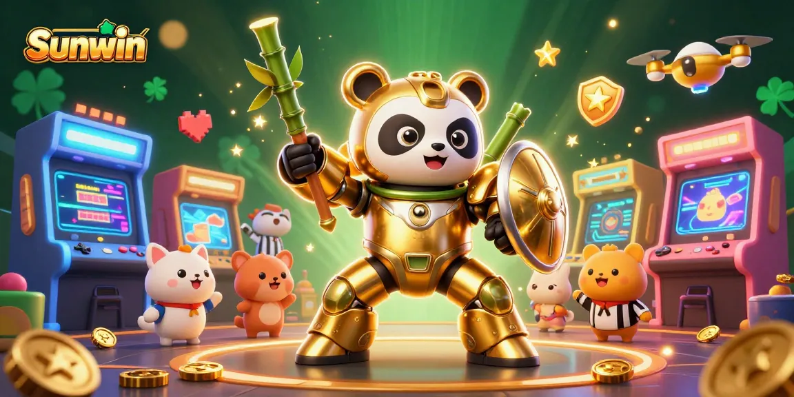 Experience thrilling gameplay at Sunwin, featuring a golden panda in a bamboo robot arena.