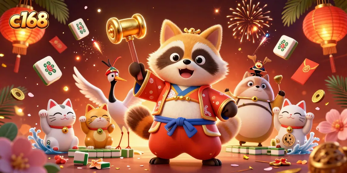Experience thrilling gameplay at c168 with vibrant 3D characters, luxurious mahjong elements, and festive atmosphere.