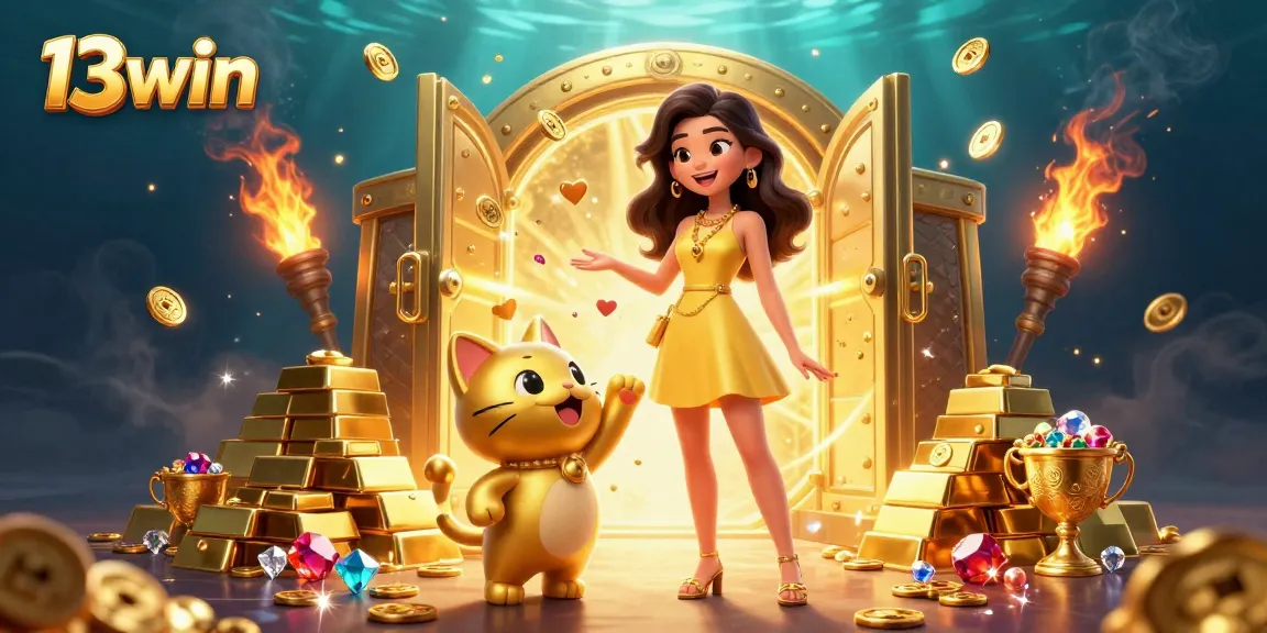 Win with 13win: Experience heartwarming casino joy with gold treasures and lucky mascots.