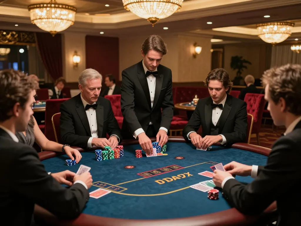 Players strategizing in a high-stakes poker game at 23wincasino, showcasing luxury and excitement.