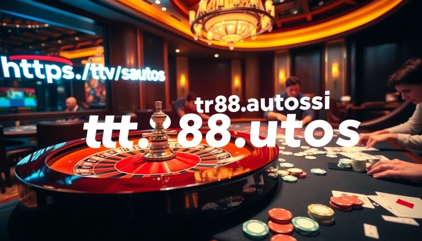 Experience online gambling at https://tr88.autos/ featuring a vibrant casino scene with roulette and poker tables.