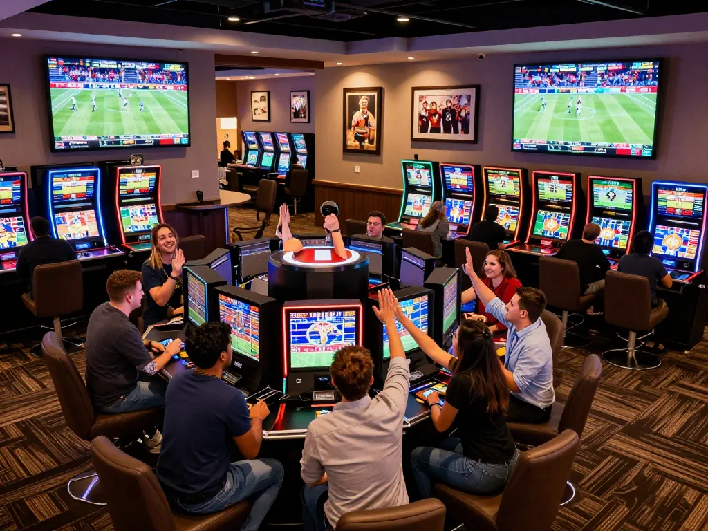 Engaged bettors celebrating a win in the lively debet sports betting lounge, screens showing live games