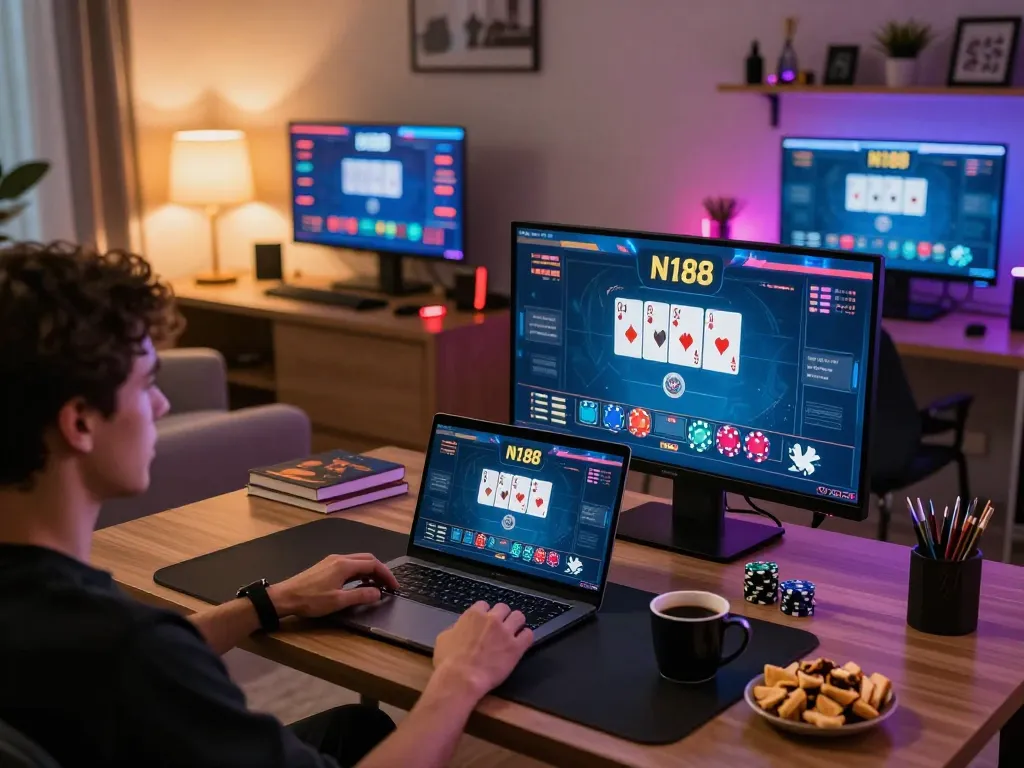 N188 game interface displayed on laptop in a cozy home gaming setup, showcasing player engagement.