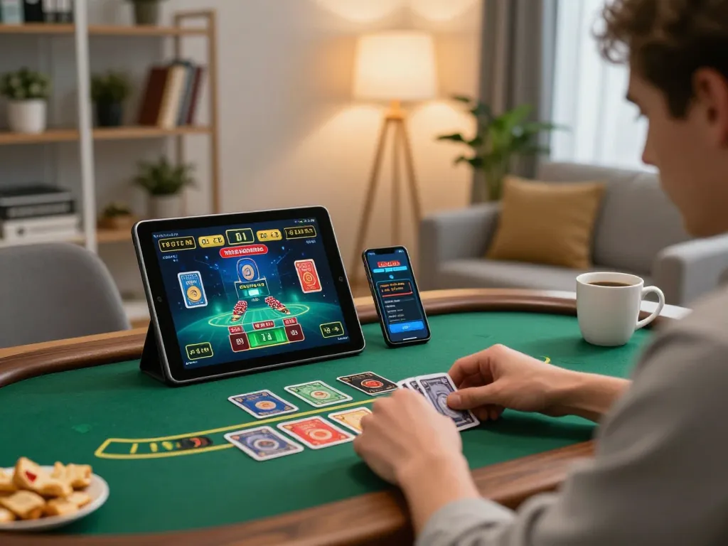 Hytw3339 player engaged in live dealer blackjack on a tablet in a cozy home setting.