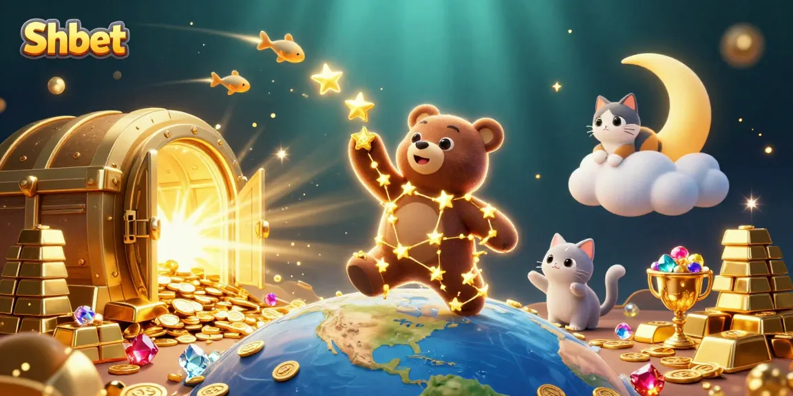 Experience Shbet's thrilling casino adventure with a constellation bear and treasure vault scene.