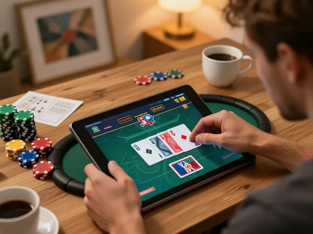 Engaged player enjoying online poker game on tablet with sunwin interface in inviting home setting.