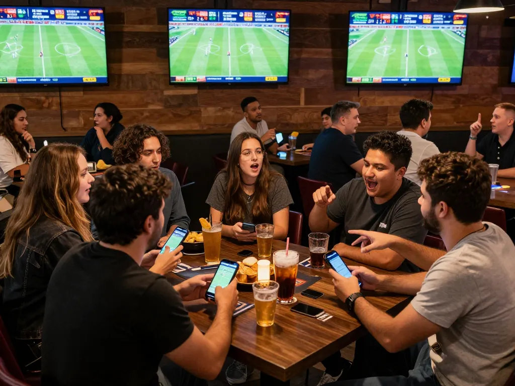 Tỷ Lệ Kèo displayed on screens in a lively sports betting lounge showing dynamic betting engagement.