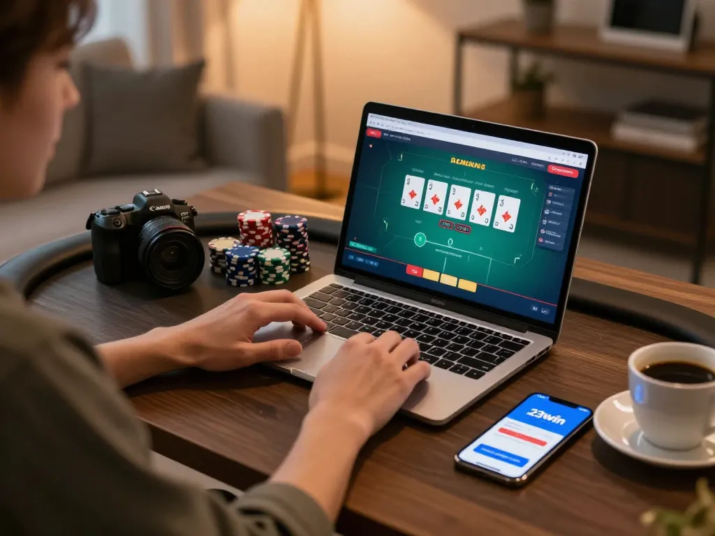 Person playing poker on 23win gaming app at home desk, laptops and chips in focus.
