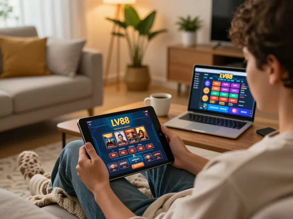 Engage in online gaming at LV88f while relaxing, showcasing a cozy environment and responsible gambling practices.