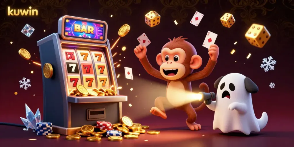 Kuwin platform offers exciting casino games with vibrant visuals and captivating characters in a dynamic scene.