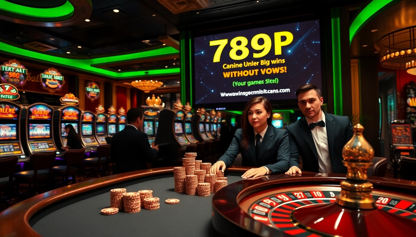 Experience the thrill of gambling at 789P with luxurious casino vibes featuring poker tables and slot machines.