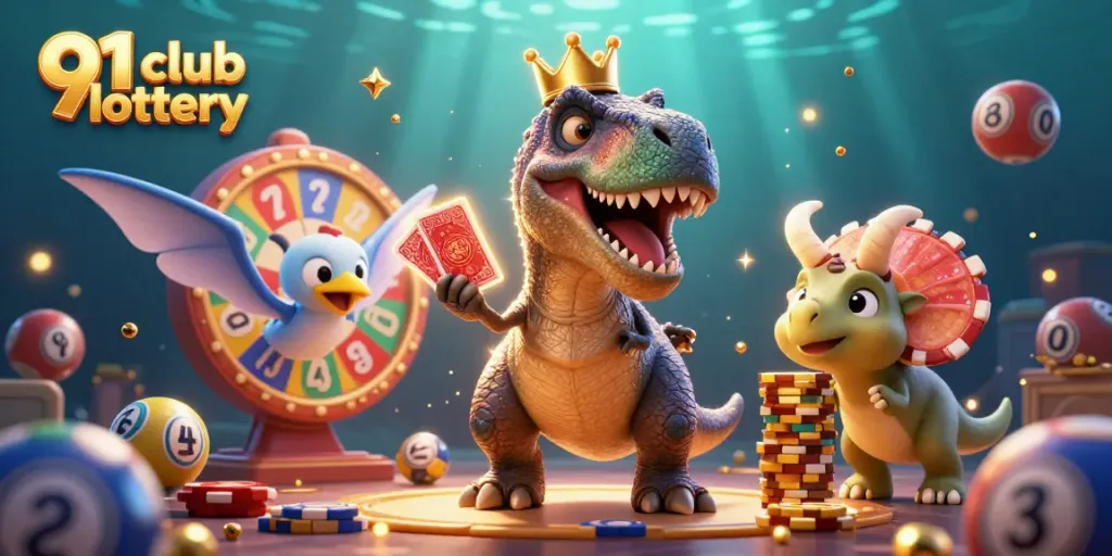 Engage with the exciting world of 91 club lottery featuring a whimsical T-Rex, prize wheel, and colorful lottery balls