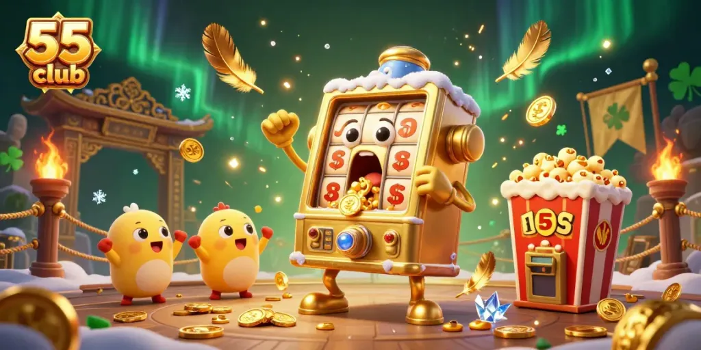 Experience winning moments at 55 club with a joyful golden slot machine, coins pouring out amidst dazzling game elements.