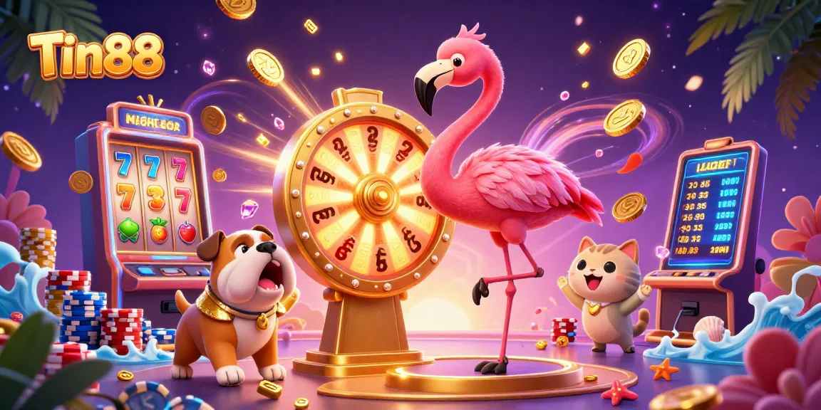 Tin88 showcases a colorful 3D casino scene with a flamingo host, bulldog contestant, and cat assistant amidst vibrant slot machines and flying coins.