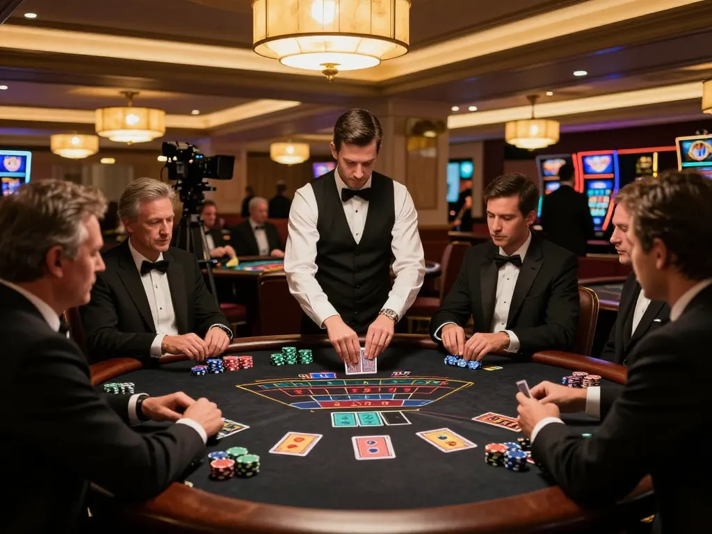 sc88bn players engaged at a high-stakes blackjack table, creating a competitive atmosphere in a luxury casino.