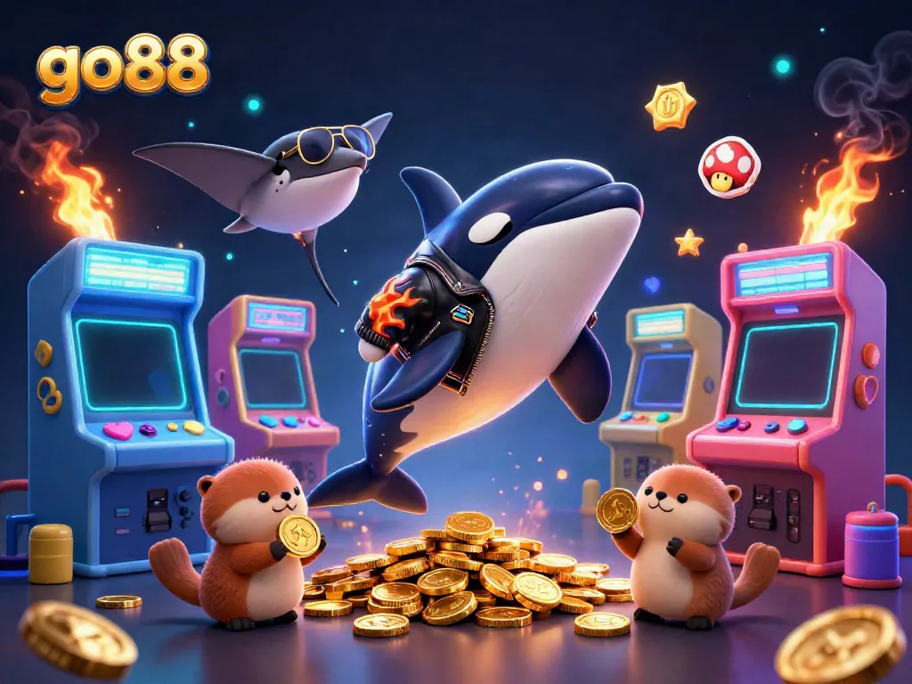 Experience the thrill of go88 gaming with an orca, stingray, and sea otters in a vibrant 3D casino scene.
