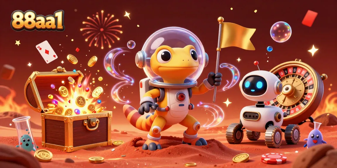 Experience the excitement of 88aa1 as the Martian gecko uncovers a golden casino amidst confetti and treasures.