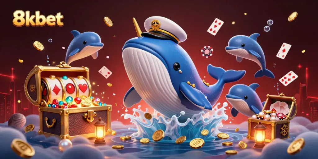 Experience the excitement of 8kbet with whimsical casino-themed sea creatures immersed in treasure!
