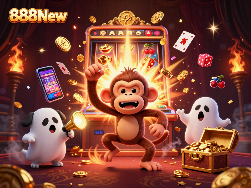 Experience thrilling wins at 888New with a whimsical ghost-hunter puppy tracking a poltergeist monkey in a vibrant casino scene.