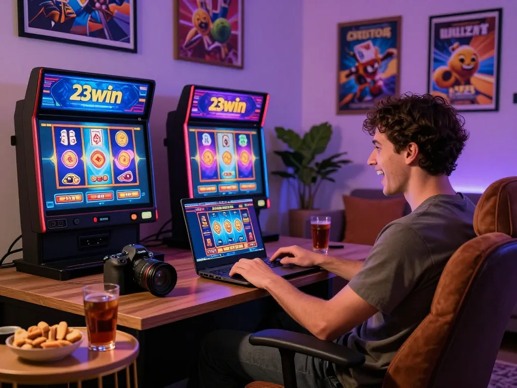 Engaged player enjoying the 23win online casino experience in a cozy living room with vibrant visuals.
