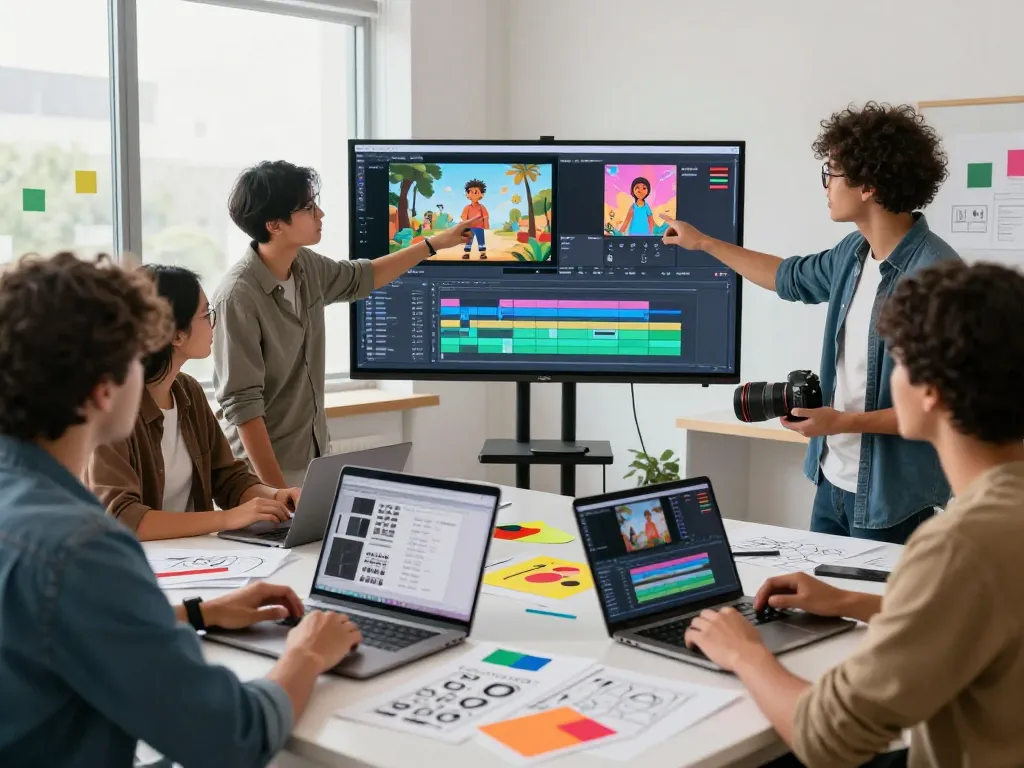 Video creators collaborating on ai seedance 2.0 in a modern studio, showcasing teamwork and creativity.