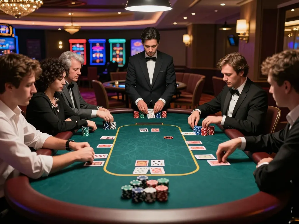 MM88 poker table action with players intensely focused on cards and chips in a stylish casino.