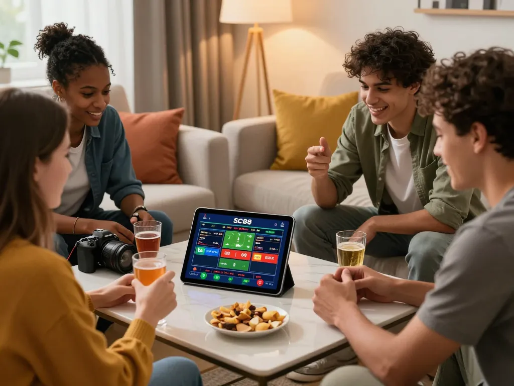 Friends enjoying SC 88 online betting experience in a vibrant living room.