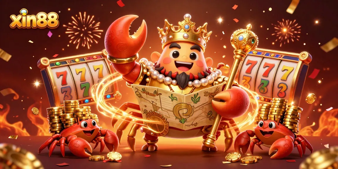 Experience winning strategies with xin88 through a colorful 3D casino illustration showcasing a golden crab emperor and vibrant slot elements.