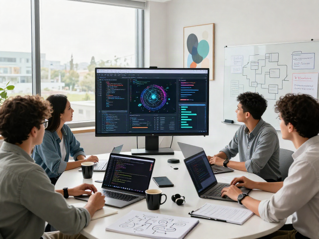 AI +18 research team collaborating on data-driven solutions in a modern workspace.