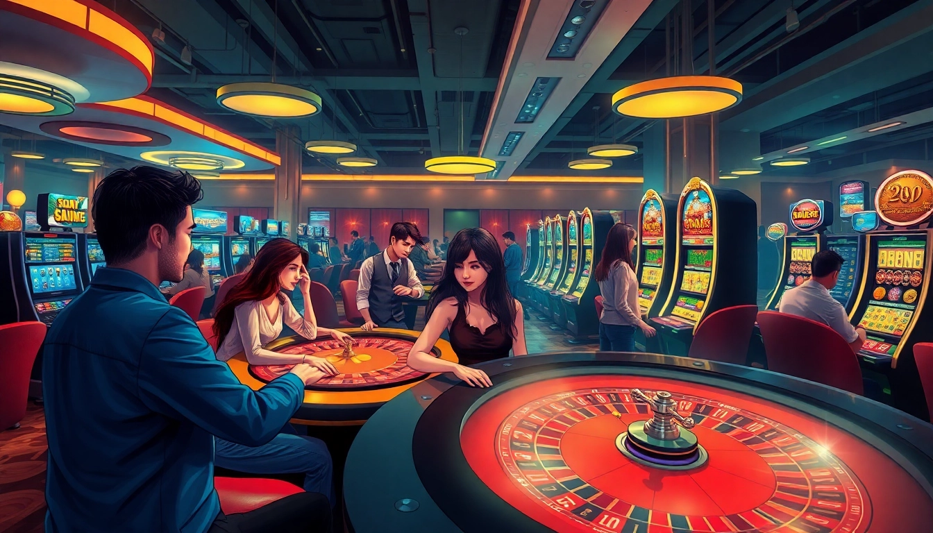 Engaging online gambling scene at onew88.com featuring diverse players and vibrant gaming interfaces.