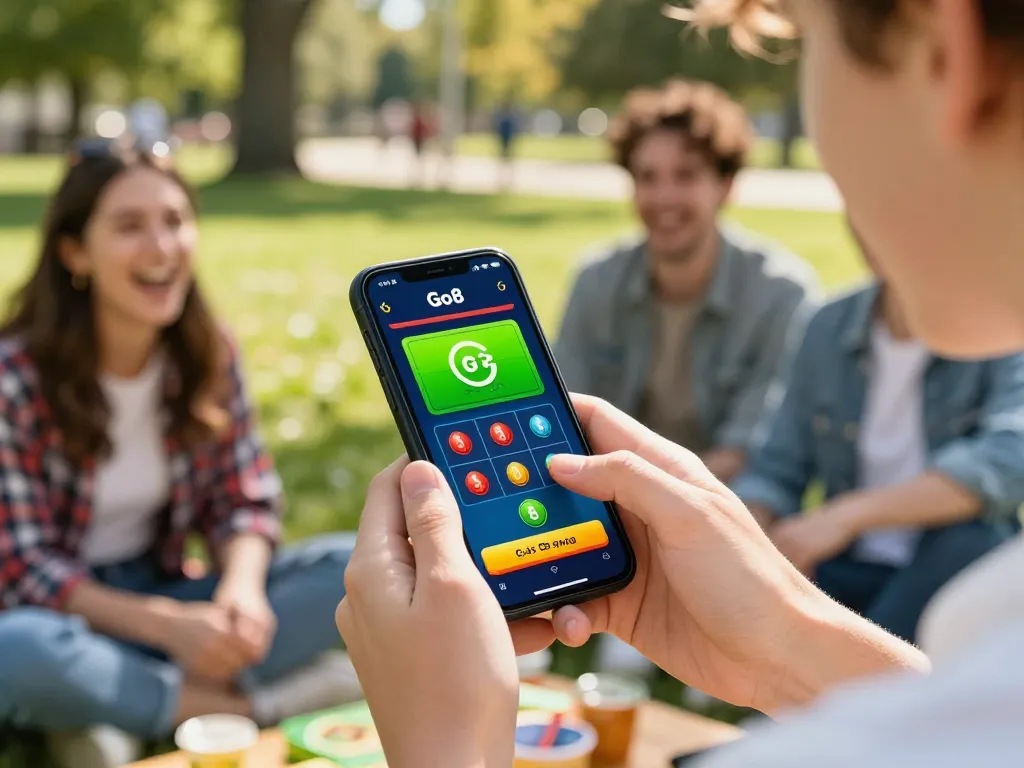 Engaging with the Go8 casino app during outdoor gameplay, showcasing excitement and mobile gambling