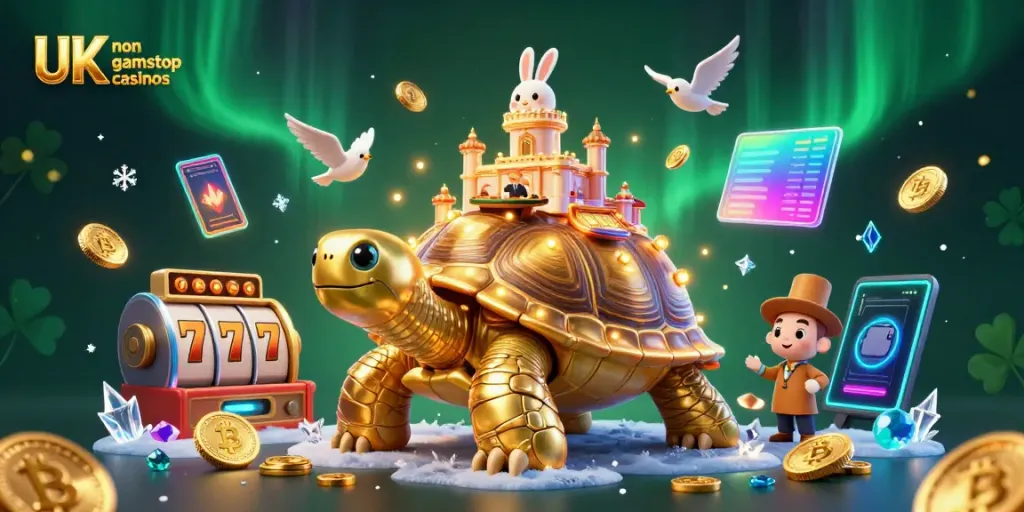 Play at UK non gamstop casinos with vibrant 3D illustration showcasing golden tortoise roulette and card dealer.