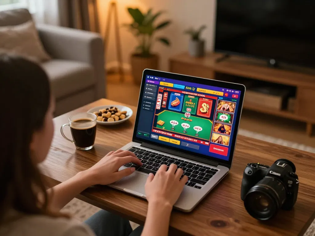 Person engaging with nhà cái lv88 at home using laptop for online gaming experience