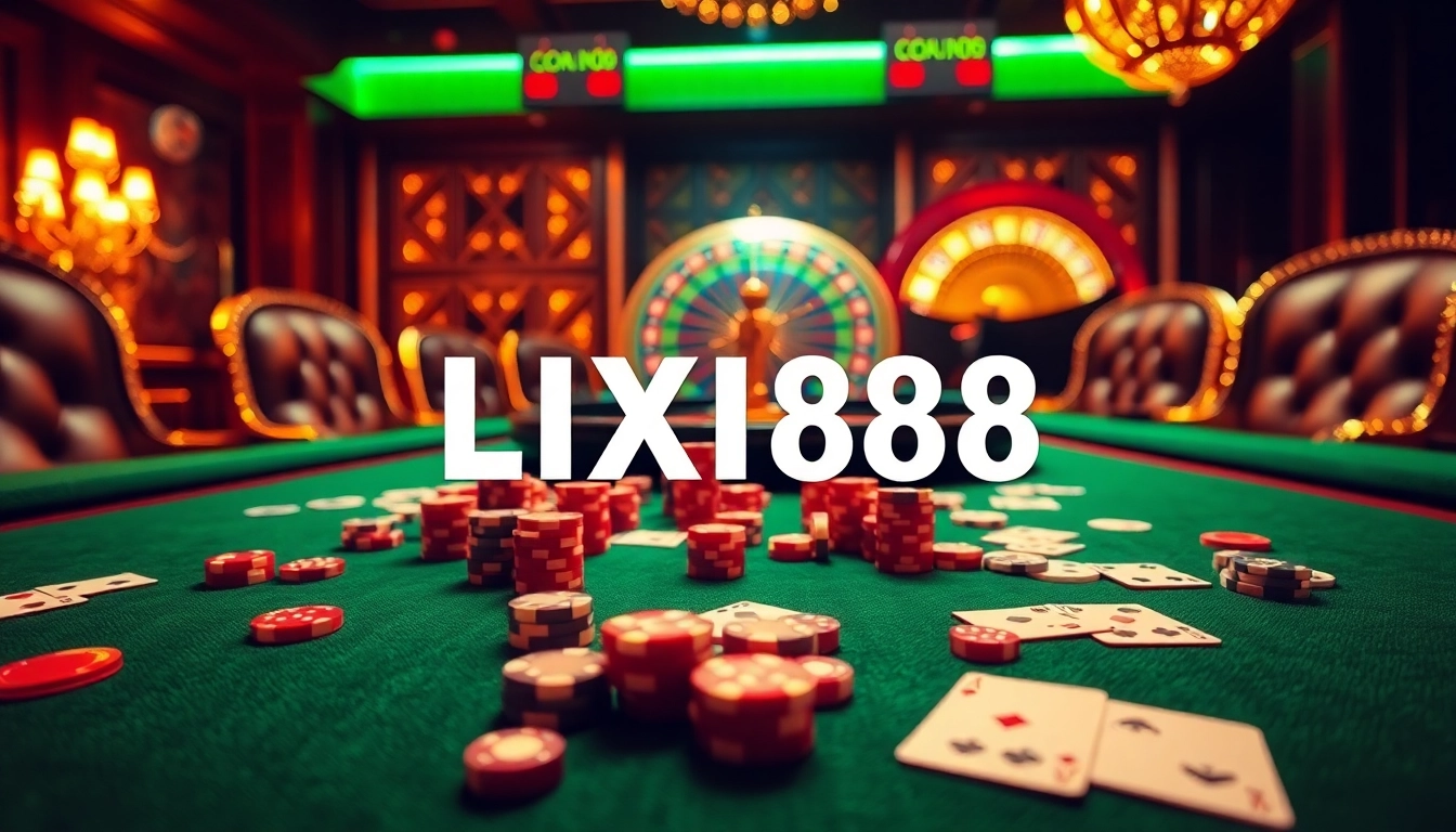 LIXI88 casino scene showcasing a vibrant table game with poker chips and cards