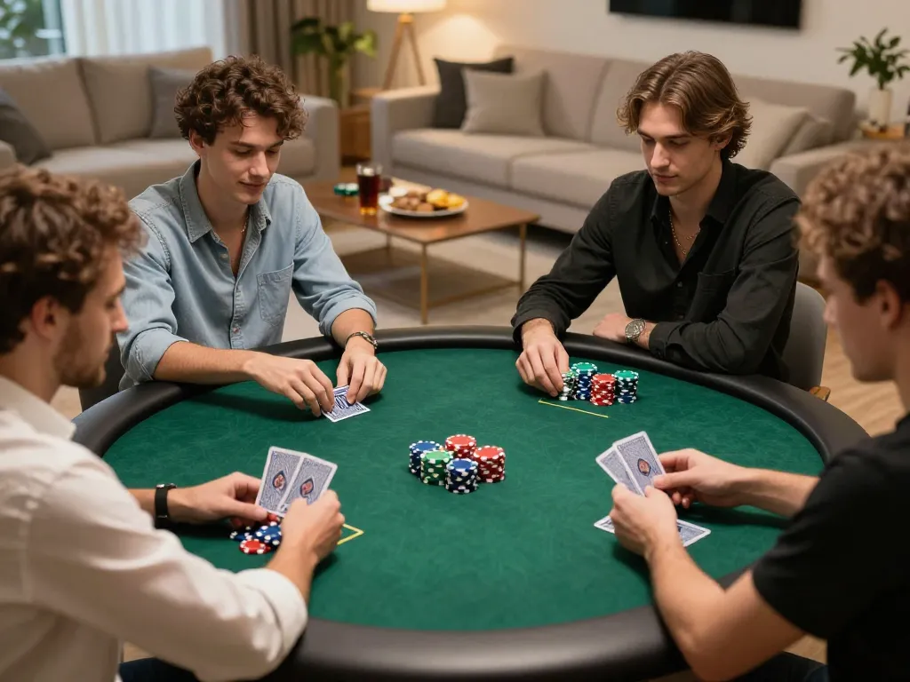 Players enjoying a home poker night at x88 com with colorful chips and strategic gameplay.