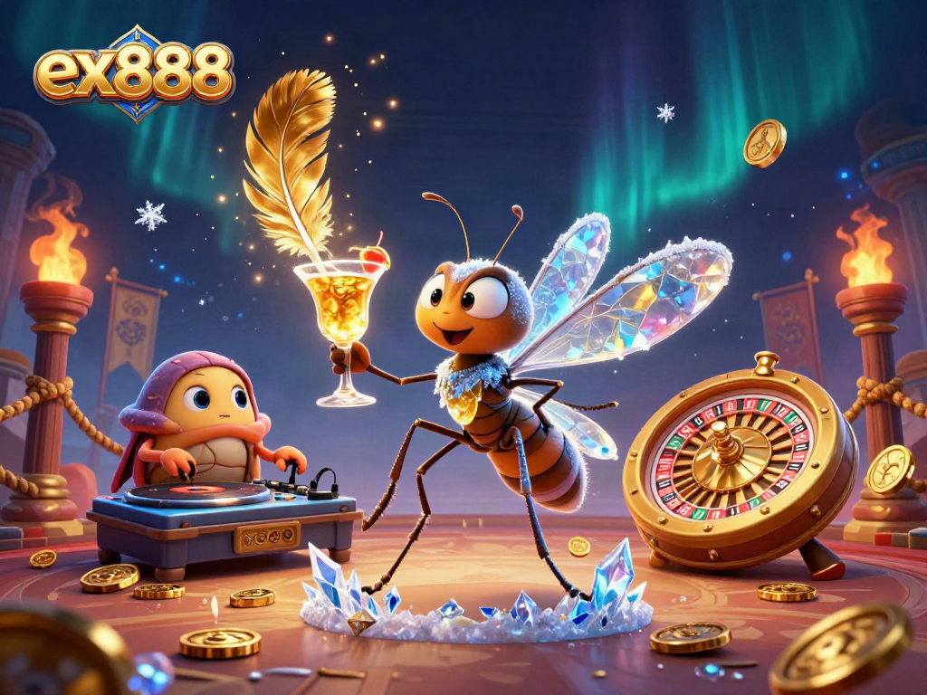Experience vibrant gaming with ex888, featuring a frozen mosquito casino mascot and fossil DJ in action.